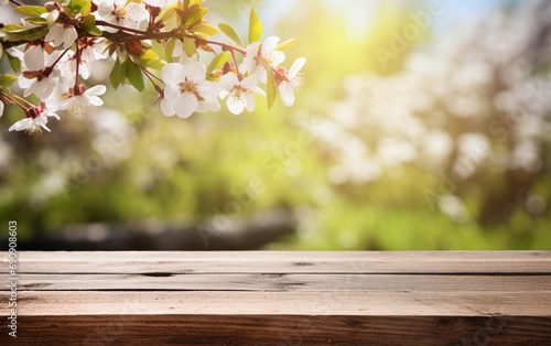 Empty wooden table, display with spring nature theme background. Beautiful blooming cherry branches. Copy space for product presentation, showcase. © lanters_fla