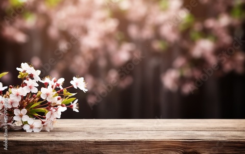 Empty wooden table  display with blurred blooming cherry branches background. Spring nature and flowers theme concept. Copy space for product presentation  showcase.