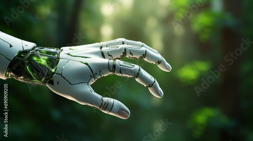 Robot hand touching green nature background. Nature technology interaction and Eco-friendly.