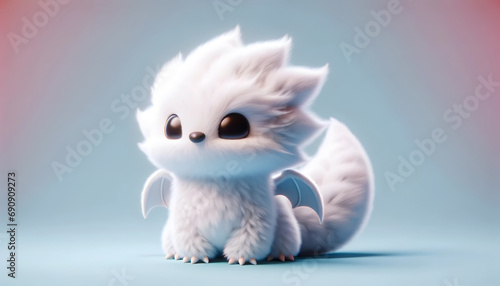 Super cute white baby dragon. Cartoon fluffy dragon character. Funny Fantasy monster. Isolated on a plain blue background. Children's books, fairy-tale hero. AI illustration for children. Copy space