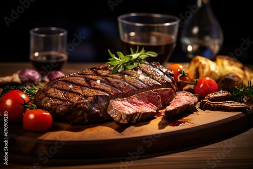 Perfectly grilled medium rare ribeye steak served on a platter and paired with roasted vegetables and a glass of red wine.