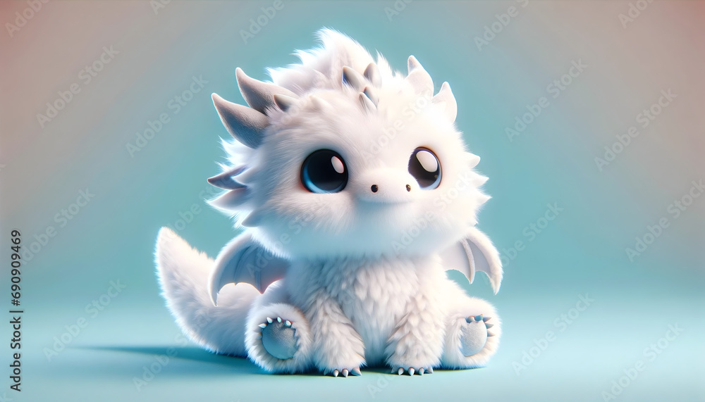 Super cute white baby dragon. Cartoon fluffy dragon character. Funny Fantasy monster. Isolated on a plain blue background. Children's books, fairy-tale hero. AI illustration for children. Copy space - obrazy, fototapety, plakaty 