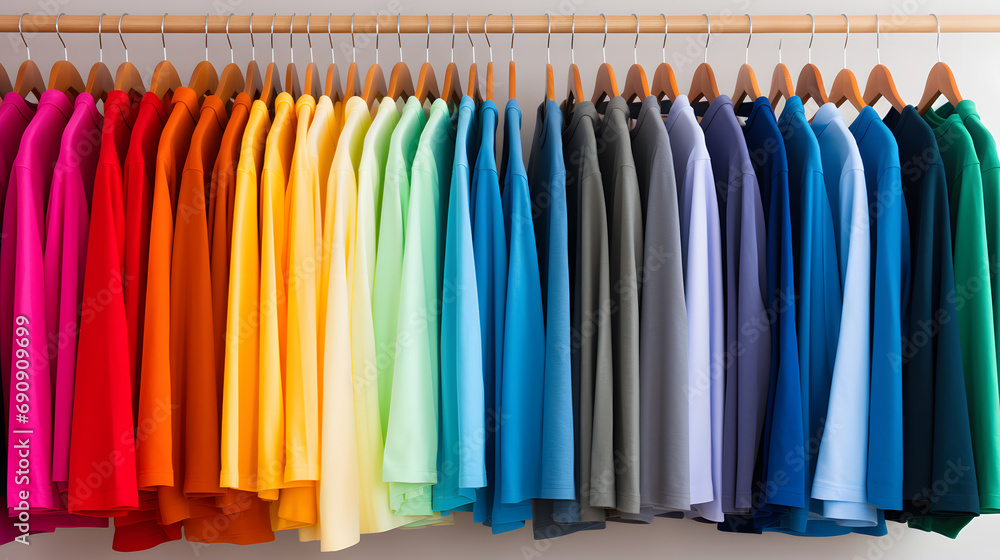 Colorful t-shirts on hangers, collection of t-shirts on hang