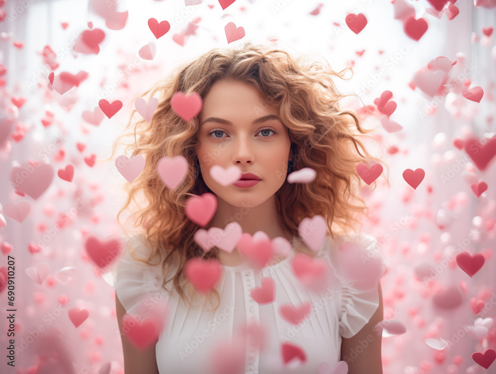 Beautiful Caucasian girl with wavy brown hair looking dreamily at the camera against the background of flying hearts in soft pink colors. The concept of sadness and falling in love. Valentine's Day. Beautiful Caucasian girl with wavy brown hair looking dreamily at the camera against the background of flying hearts in soft pink colors. The concept of sadness and falling in love. Valentine's Day.