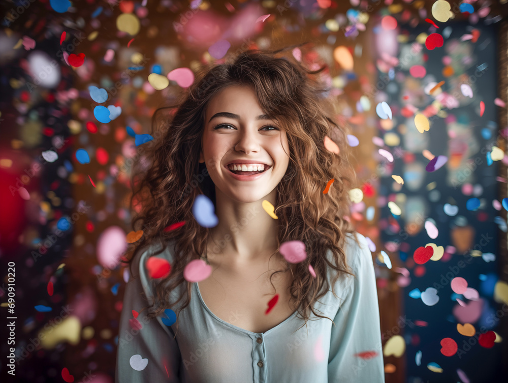 Beautiful smiling Caucasian girl with wavy brown hair looking up dreamily against a background of flying hearts and confetti. The concept of happiness, joy and falling in love. Valentine's Day. Beautiful smiling Caucasian girl with wavy brown hair looking up dreamily against a background of flying hearts and confetti. The concept of happiness, joy and falling in love. Valentine's Day.