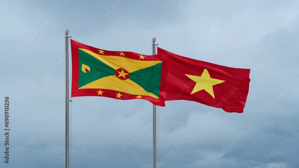 Vietnam and Grenada flag waving together on cloudy sky, endless seamless loop Vietnam and Grenada flag waving together on cloudy sky, endless seamless loop