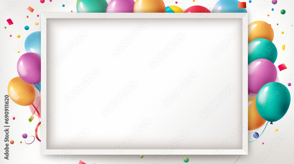 Empty frame with copy space for birthday card illustration or festive events with colorful balloons around the frame Empty frame with copy space for birthday card illustration or festive events with colorful balloons around the frame