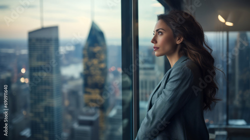 Professional business woman looking through window of her office skyscraper looking at bustling modern city thinking at her work photo