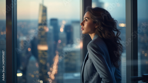Professional business woman looking through window of her office skyscraper looking at bustling modern city thinking at her work photo
