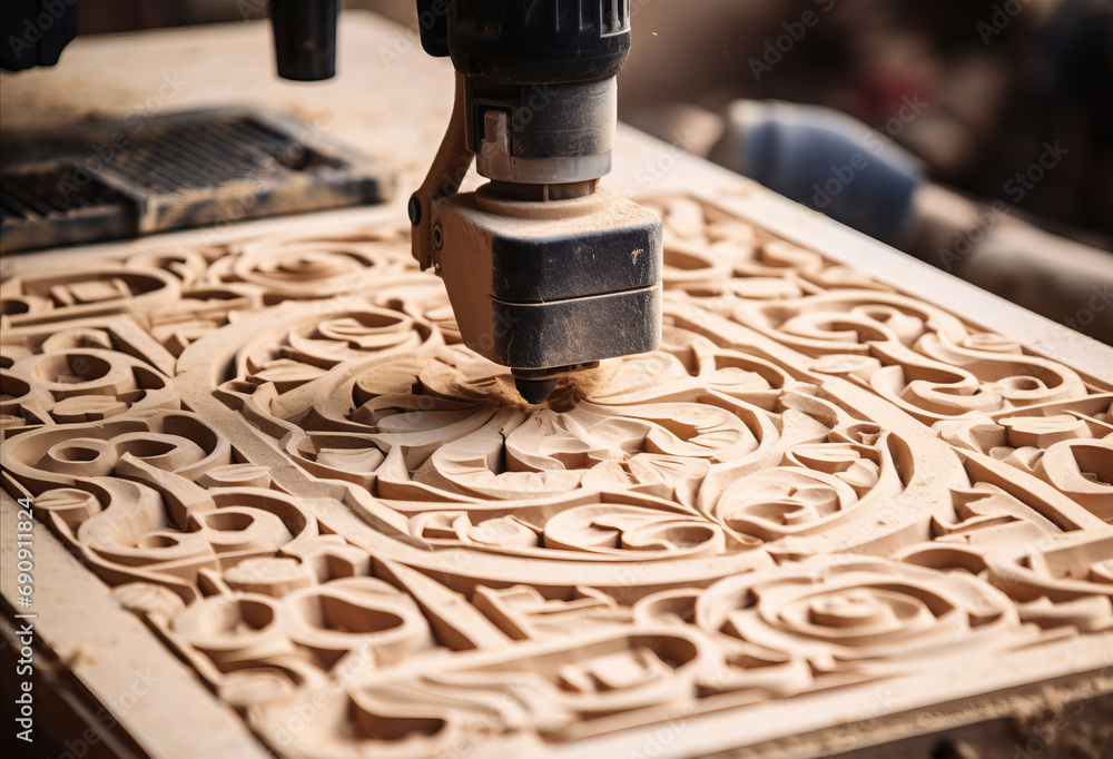 Close-up of a wood carving CNC router cutting out patterns
