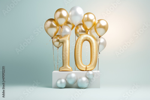 10th birthday or celebration gift card, anniversary invitation with balloons on blue background photo