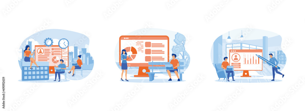 Obraz premium Start up business development idea. Task distribution online service.Business incubator online service. Online service 2 flat vector modern illustration