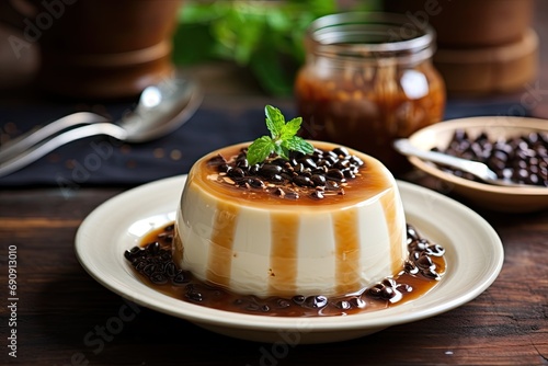 Coffee panna cotta dessert with caramel sauce photo