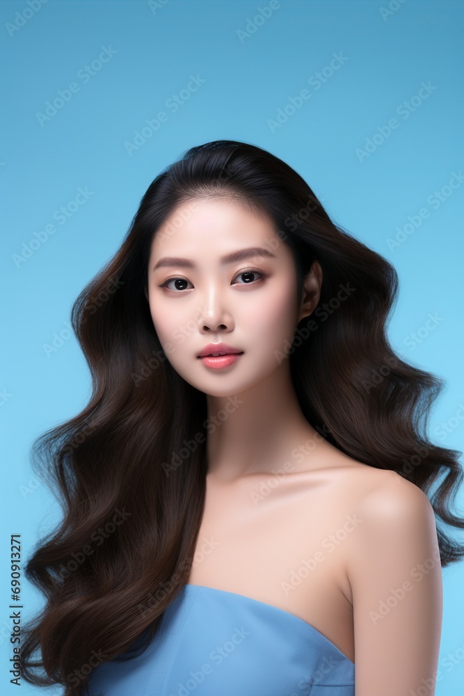 Elegant Asian woman with flowing hair on blue Elegant Asian woman with flowing hair on blue