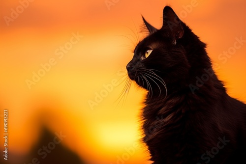 Black cat silhouette against a vivid orange sunset