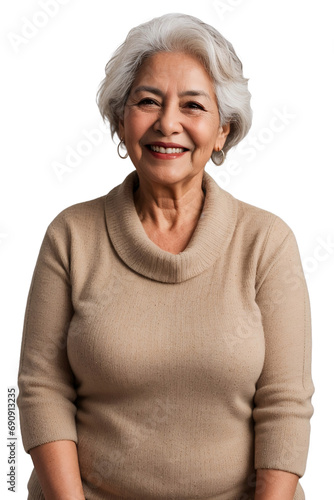 Aged Latin American woman wearing warm clothes smiling and looking at the camera, isolated, transparent background, no background. PNG.