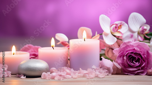 Natural soy burning candles surrounded by fresh flowers. Spa relaxation  aromatherapy  spa center wallpaper in pink colors.