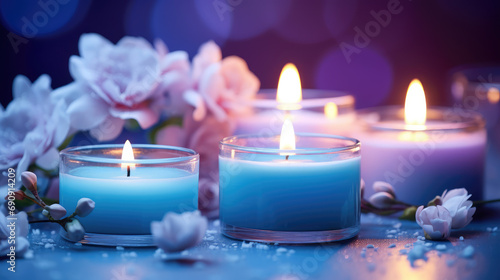 Natural soy burning candles surrounded by fresh flowers. Spa relaxation  aromatherapy  spa center wallpaper in blue purple colors.