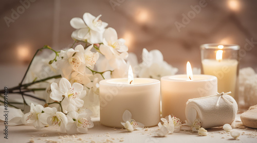 Natural soy burning candles surrounded by fresh flowers. Spa relaxation  aromatherapy  spa center wallpaper in beige colors.