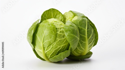 A shiny green Brussels sprout showcasing its compact layers, isolated on a stark white backdrop.
