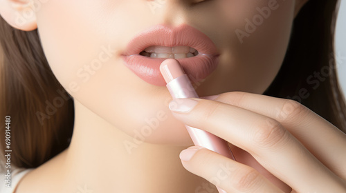 Woman applies moisturizing balm to her lips to hydrate and protect them from chapping in cold weather. Hygienic lipstick stick for lips.