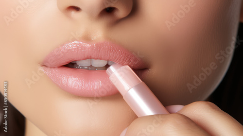 Woman applies moisturizing balm to her lips to hydrate and protect them from chapping in cold weather. Hygienic lipstick stick for lips. photo