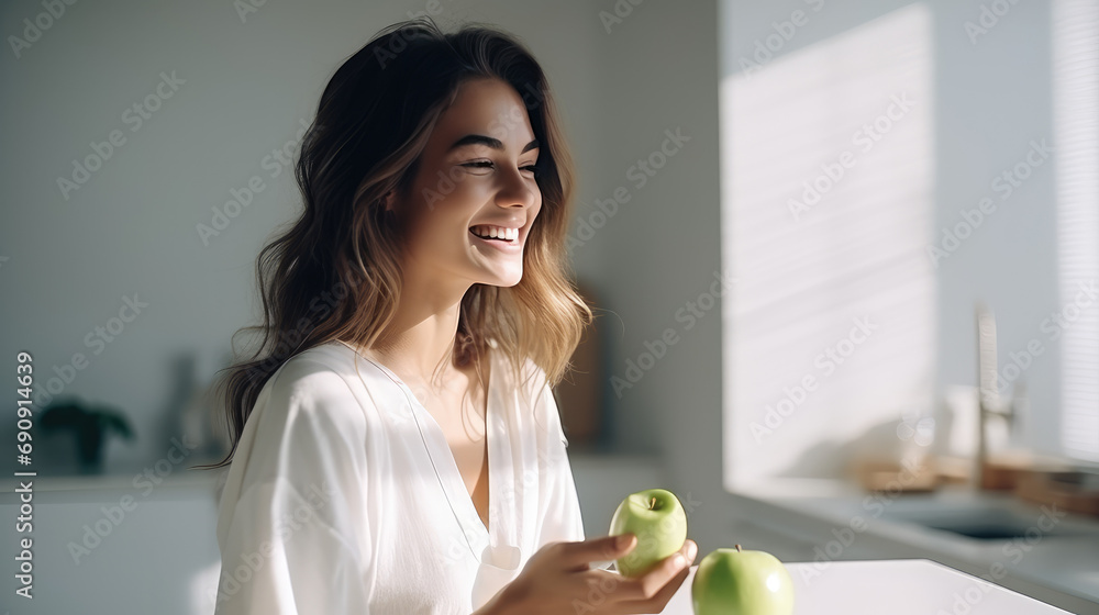 Young attractive woman with green apple smile on white kitchen background. Nutritionist, vegetarianism, healthy eating. The benefits of fruit for breakfast. Young attractive woman with green apple smile on white kitchen background. Nutritionist, vegetarianism, healthy eating. The benefits of fruit for breakfast.