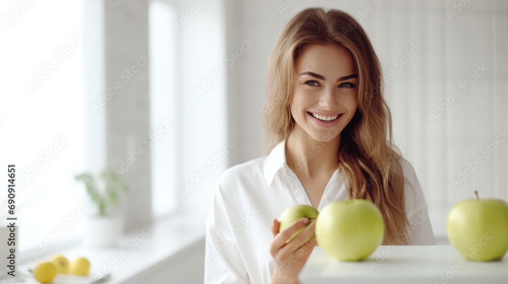 Young attractive woman with green apple smile on white kitchen background. Nutritionist, vegetarianism, healthy eating. The benefits of fruit for breakfast. Young attractive woman with green apple smile on white kitchen background. Nutritionist, vegetarianism, healthy eating. The benefits of fruit for breakfast.