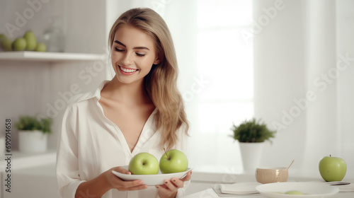 Young attractive blonde woman with green apple smile on kitchen background. Nutritionist, vegetarianism, healthy eating. The benefits of fruit for breakfast.