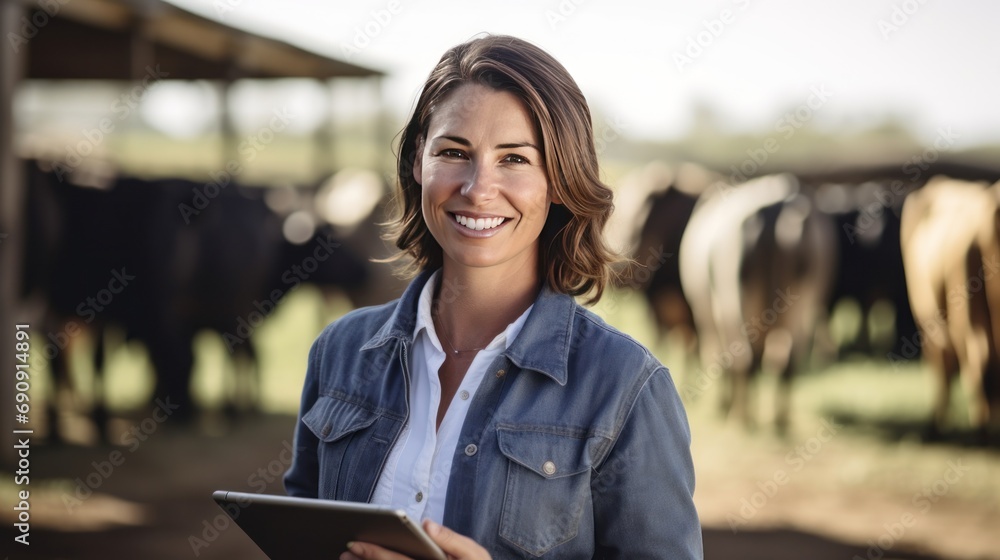 Female farmer with tablet smiling at camera, blurred background cow at cattle farm Female farmer with tablet smiling at camera, blurred background cow at cattle farm