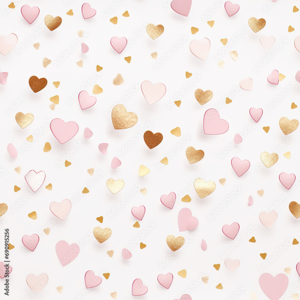 Seamless background, tile with pink and gold hearts on white background. Seamless background, tile with pink and gold hearts on white background.