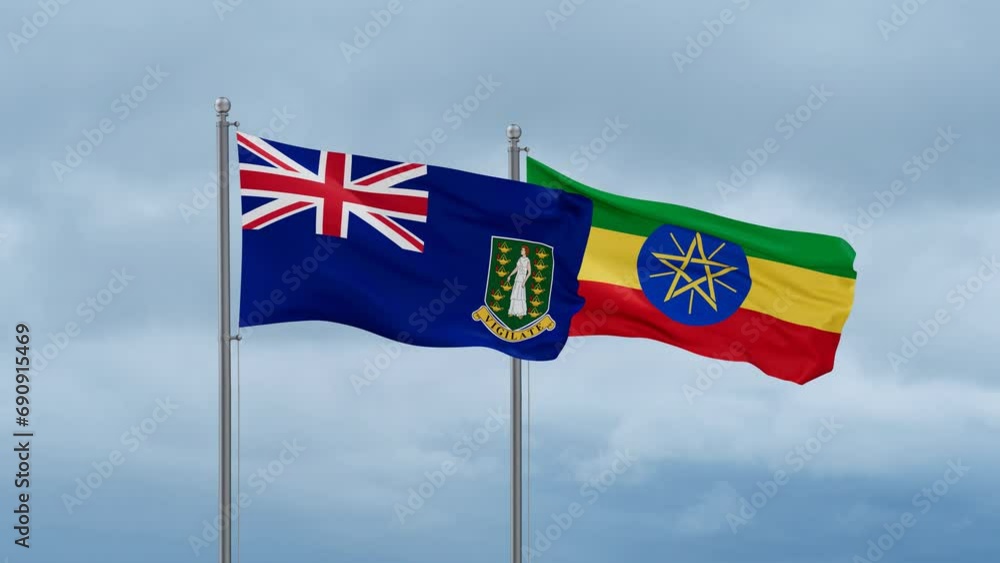 Ethiopia flag and British Virgin Islands flag waving together on cloudy sky, endless seamless loop, two country relations concept Ethiopia flag and British Virgin Islands flag waving together on cloudy sky, endless seamless loop, two country relations concept