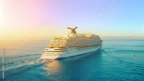 Cruise ship sailing across The Mediterranean sea - Aerial footage. luxury cruise in the ocean sea concept tourism travel on holiday take a vacation time on summer.  photo
