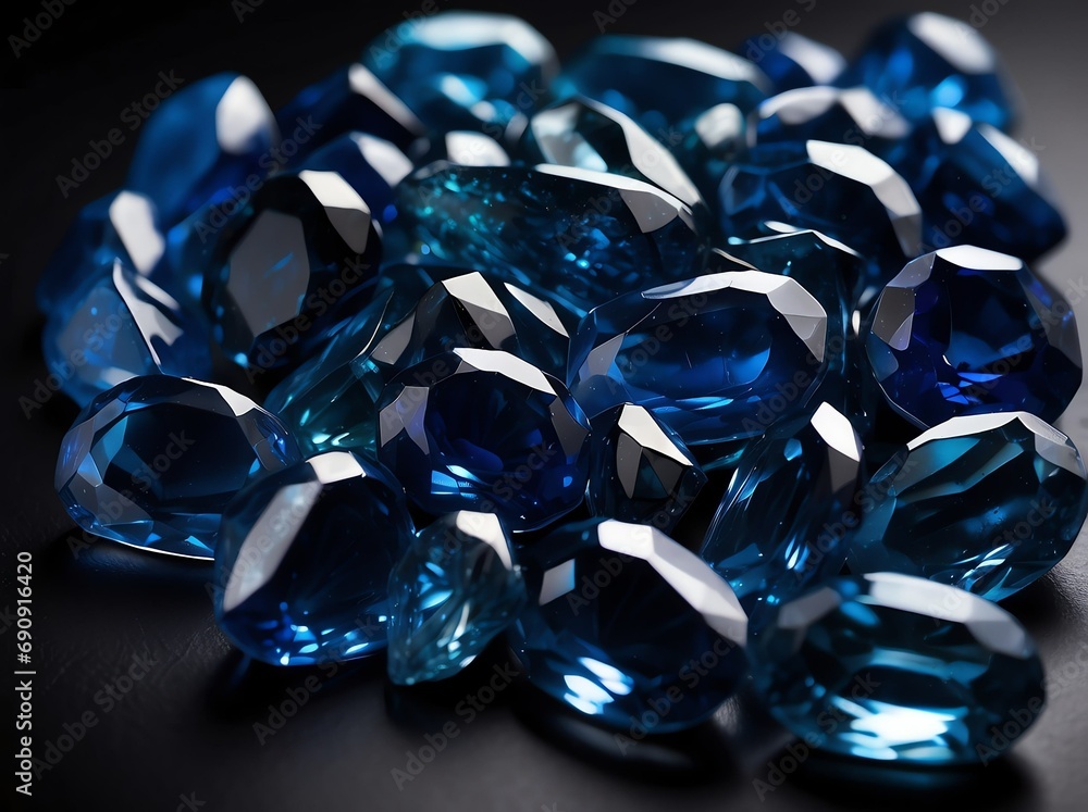 Bunch of sapphire gemstones on plain black background from Generative AI