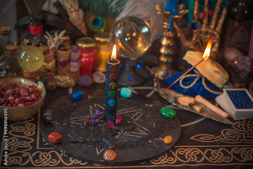 Astrology, esotericism concept. Stuff on a table, mystical atmosphere. Future prediction 