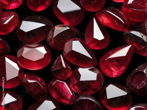 Bunch of ruby gemstones on plain black background from Generative AI
