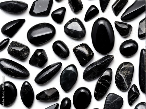 Bunch of obsidian gemstones on plain black background from Generative AI