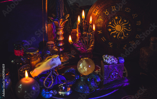 Astrology, esotericism concept. Stuff on a table, mystical atmosphere. Future prediction 