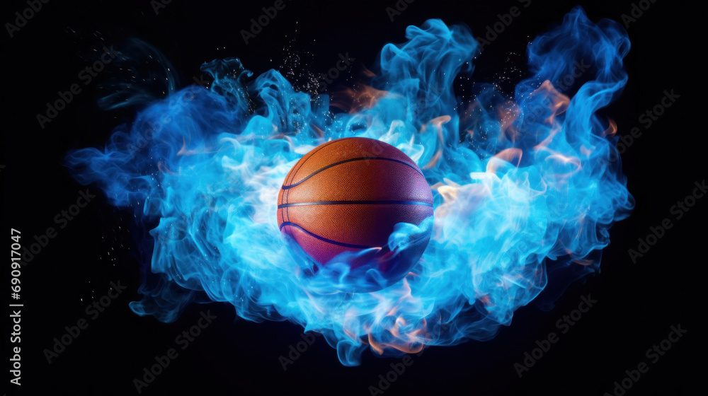 Basketball ball in blue smoke isolated on black background. Sport concept Basketball ball in blue smoke isolated on black background. Sport concept