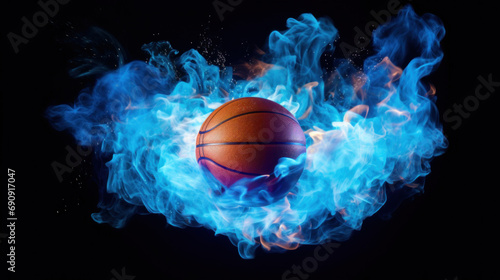 Basketball ball in blue smoke isolated on black background. Sport concept © red_orange_stock