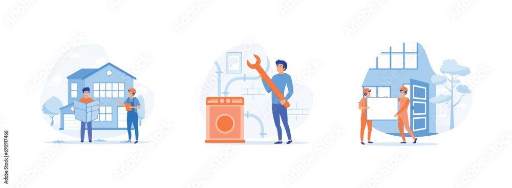 House maintenance abstract concept, Roofing and basement services, hire contractor abstract metaphor. Home maintenance 2 set flat vector modern illustration 