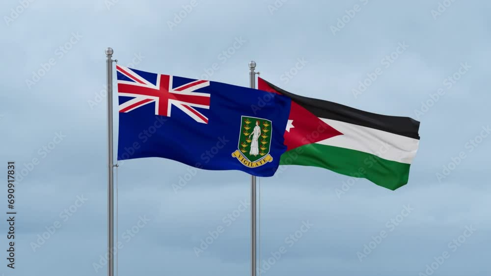 Jordan flag and British Virgin Islands flag waving together on cloudy sky, endless seamless loop, two country relations concept Jordan flag and British Virgin Islands flag waving together on cloudy sky, endless seamless loop, two country relations concept