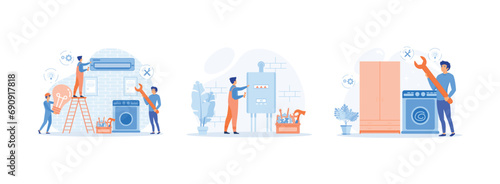 Happy servicemen repairing machines at home, Plumber worker repairs broken water heater, Home appliance repair technician service with washing machine. Home repair set flat vector modern illustration