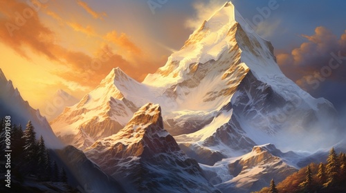  a snow-covered mountain peak catching the first light of sunrise, painting the landscape in shades of gold and blue.
