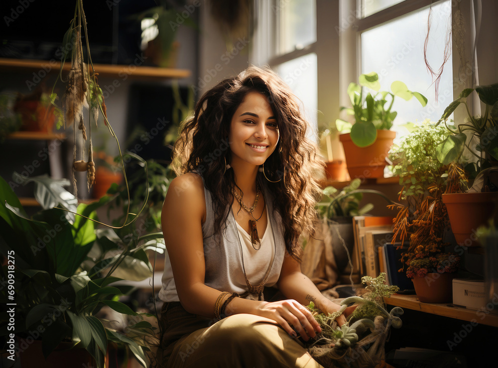 A smiling young woman surrounded by houseplants enjoying the warm, natural light in a cozy indoor setting. A smiling young woman surrounded by houseplants enjoying the warm, natural light in a cozy indoor setting.