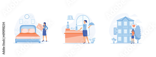 Housekeeper in uniform making bed in room, cleaning lady, room service, breakfast in bed, hotel management, hospitality business. Hotel jobs set flat vector modern illustration