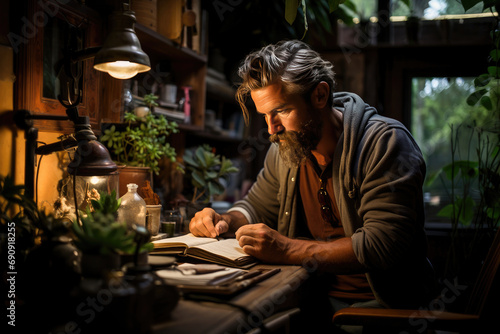 A bearded man engrossed in reading a book by the warm light of a vintage lamp in a cozy indoor setting.