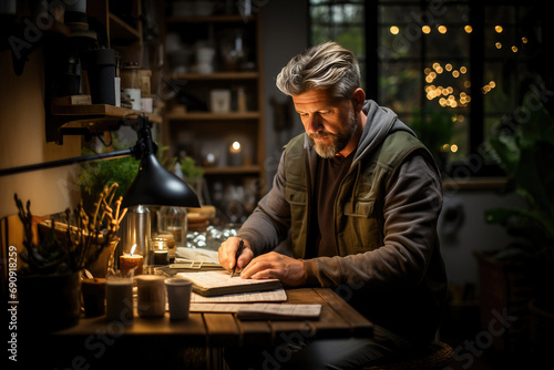 Mature bearded man writing in a notebook at a cozy home desk with a warm lamp in the evening.