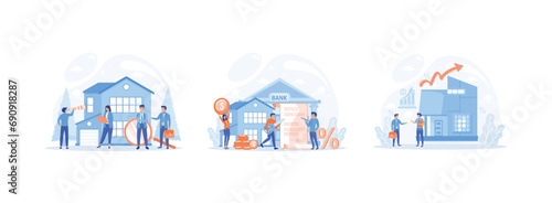 Real estate business. House loan. Property business.  Real estate business 2 set flat vector modern illustration