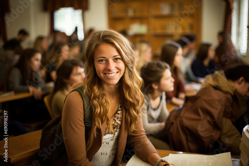 Smiling young woman sitting in a lecture hall surrounded by classmates and books, conveying a happy and successful academic experience.